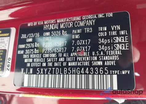 2017 Hyundai Santa Fe Sport 2.4L from USA, damaged, VIN 5XYZTDLB5HG443365